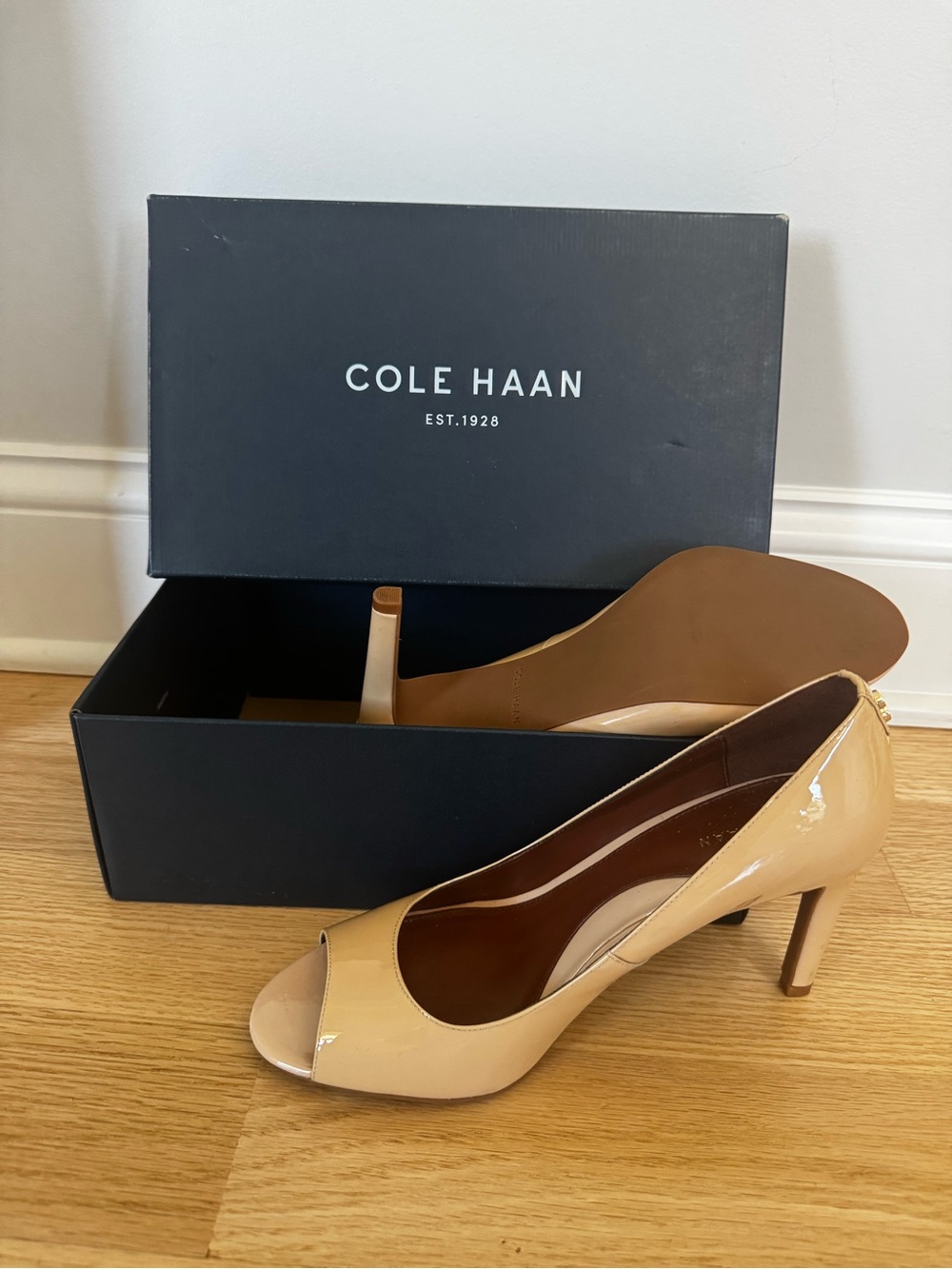Cole Haan Beige Patent Leather Peep-Toe Pumps
